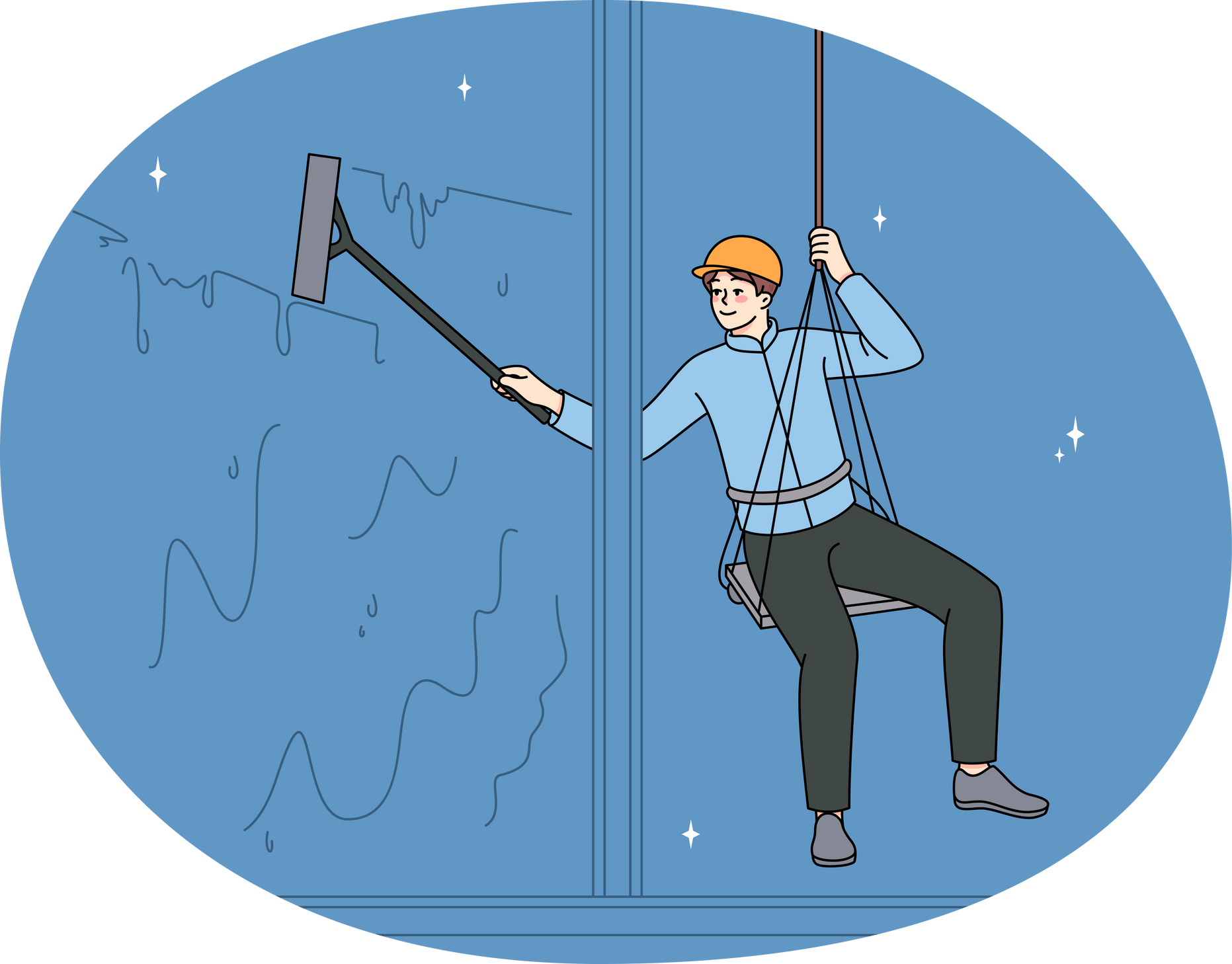 Male Worker on Safety Ropes Clean Windows